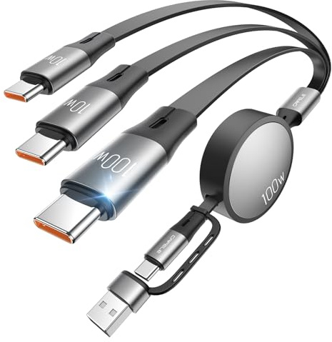 CAFELE 3-USB-C Câble Multi 6 en 1,Câble Rétractable à Charge Rapide 100W PD3.1/QC5.0,[100W+10W+L27W] Câble Chargeur Multi Embout,avec 17 16 15 14 13,Galaxy S25,Pad MaBook Pro Air/35-110CM