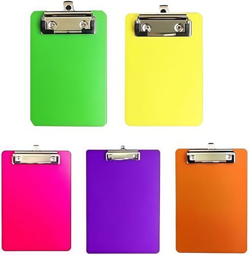 5-Pack Mini Plastic Clipboards (10x15cm) - Colorful Acrylic Clipboards with Pocket & Low Profile Clip, Heavy Duty Small for Restaurant, Office, Shopping List and Score Sheet Loopunk