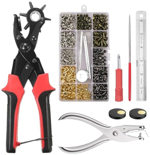 Gürtellocher Professionelle Lederlochzange Set, Leather Revolverlochzange Gürtellochzange, mit 150 Nieten 20 Druckknöpfe usw für Gürtel, Handtaschen, Riemen, Karton, 6 Auswechselbaren Lochpfeifen
