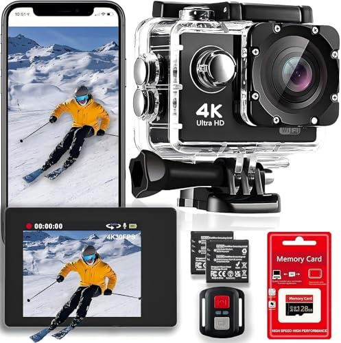 Uoklohiu 4K 30FPS WiFi Action Camera with 128GB Memory Card- 98FT Waterproof Ultra HD Underwater Camera, 170° Wide Angle 2.0 Screen, Sports Camera with 2 Batteries, Mounting Accessories Kit (2)
