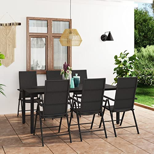 QJBSAVVA 7-TLG. Garten-Essgruppe Schwarz 190x90 cm mit Glastisch und 7-Fach Verstellbarer Rückenlehne aus richtig robustem PE-Rattan für Balkon Terrasse und Garten