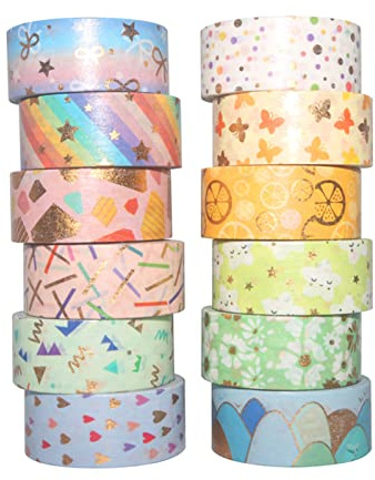 Pongnas 12 Rullar Washi Tape Set Söt Mönster Guldfolie Maskeringstejp för Konsthantverk Scrapbooking 15 Mm Bred Dekorativ Tejp för Tidskrifter Planerare Presentinslagning