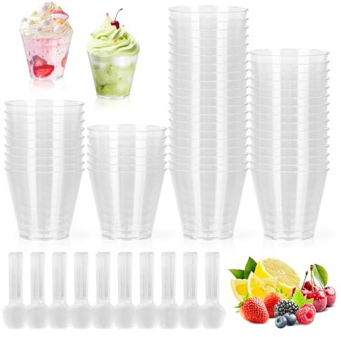 UTOCLEC Dessertbecher Set, 60 Stück 100ml Desserttassen und 60 Löffel, Wiederverwendbar runde Plastikbecher, DIY Dessertschalen für Pudding, Mousse, Eiscreme, Dessert partys