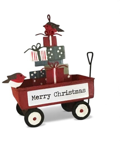 Merry Christmas Robin Festival Wagon Ornament, Red Metal Hanging Tree Decoration with Gift Boxes, Handmade Tin Cart with Wheels, 15cm Height
