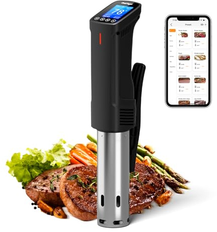 CharMeter Wifi Sous Vide Cooker 1000W, Ultra Quiet Immersion Circulator with Water Level Alarm, App Control with 14 Preset Recipes, Calibration & Timer Function,Fast/Stable Heating with Shared Control