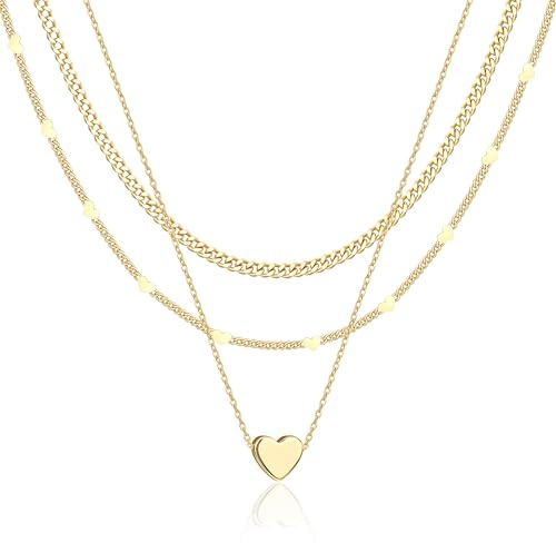 14K Gold Plated Layered Heart Necklace Set for Women - 3 Pcs Dainty Gold Layering Necklaces, Tiny Heart Pendant Jewelry, Perfect Valentine's Mothers Day Gifts for Mom
