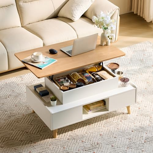 LINSY HOME Couchtisch Höhenverstellbar mit Stauraum, Höhenverstellbarer Coffee Table, Wohnzimmertisch mit 2 Großem Schubladen, 60 x 100cm Sofatisch