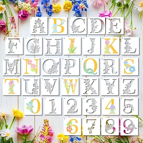 36 Pezzi Stencil Lettere Alfabeto Riutilizzabili, WGIJXA Stencil per Pittura Muro Tessuti Foglie Fiori Numeri Floreali Pareti Decorativa Modelli 10cm Grandi Piccoli