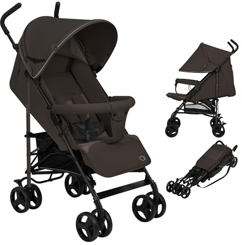 LIONELO Elia Lätt Barnvagn (6 mån–3 år upp till 15 kg), Hopfällbar och Resevänlig – Endast 7 kg, EVA-hjul med Fjädring, 4-positions Liggläge & Justerbart Fotstöd, XXL Sufflett med Myggnät, Brun