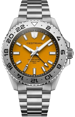 Cestrian Ocean Series 42 mm automatisk herrklocka – gul urtavla, 316L rostfritt stål fodral och armband, 200 m vattentålig