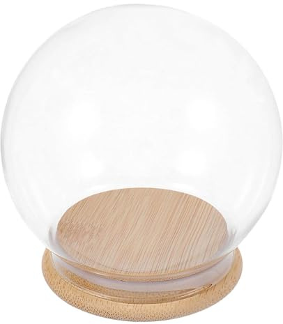 BESTOYARD Cloche en Verre Transparente avec Socle en Bois 13cm pour Présentation D'objets Décoratifs et Figurines DIY, Design Sphérique Élégant pour Diverses Scènes