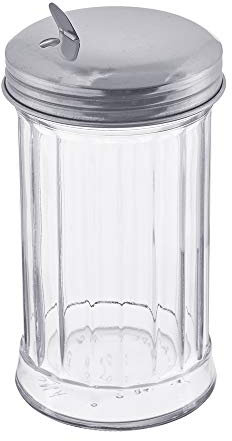 Tezzorio Glaszuckerausgießer mit Seitenklappe oben von Tezzorio, Zuckerstreuer mit selbstschließendem Deckel aus Edelstahl, Retro-Stil, Glaszuckerspender