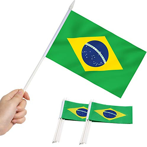 Anley brasilianische 5x8 Zoll HandHeld Mini-Flagge mit 12 weißem, durchgeHändem Stab - Brasilianische Stickflagge, lebhafte Farbe und lichtBeständigkeit - 5.5 x 8 Zoll Handgehaltene Stickflaggen