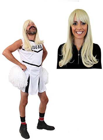 MÄNNER JUNGESELLENABSCHIED WEISSES CHEERLEADER KOSTÜM+PERÜCKE=LUSTIGE HERREN VERKLEIDUNG=FASCHING+KARNEVAL +SPORTVERANSTALLTUNGEN AMERIKANISCHEN ART=MIT+OHNE PUSCHEL -LARGE-OHNE POMPOM