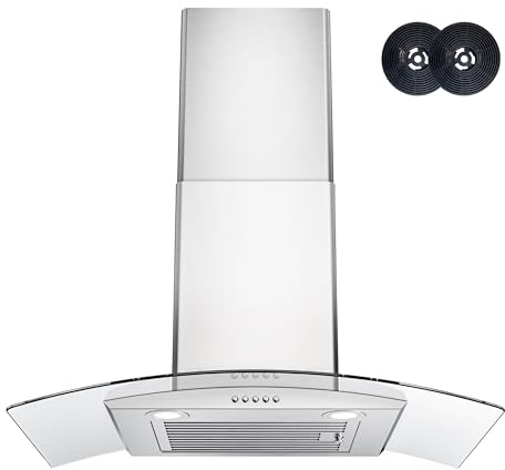 Range Hood 30 Inch, FIREGAS Ducted/Ductless Convertible Wall Mount Range Hood with Tempered Glass, 3 Speed Fan, 400CFM, Button Control, LED Light, Stainless Steel Filters, include 2 Charcoal Filters