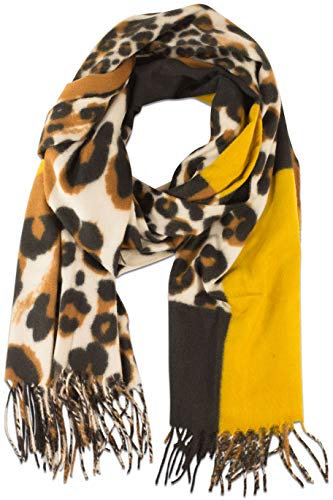 Damenschal mit Animal-Print Leopaden Muster und weichem Fransensaum, Kashmir-Anteil (Curry)