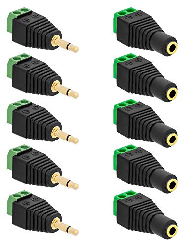 E.T 5X Klinken Stecker + 5X Buchsen 3,5mm Adapter > Terminalblock 2 Pin Schraub Klemme Set