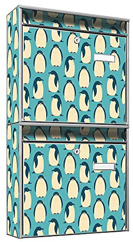 banjado Briefkastenanlage 2 Fach - 2 Briefkästen 36x64x10cm groß - Doppelbriefkasten Set - Namensschild, 2 Schlüssel, Montagematerial - Stahl verzinkt Silber - Motiv Königspinguine