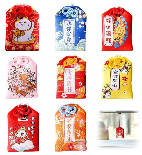 Omamori Charms 8pcs Anhänger Japanischer Glücksbringer Segen Tasche | Glück Gesundheit Charme Geschenk für Familie Freundin Auto