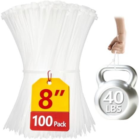 Clear Zip Ties 8 inch, 100 Pack, White Zip Ties, 40lbs, Zipties Clear, White Cable Ties, UV Resistant Wire Ties, Plastic Ties, Tie Wraps, Boacua