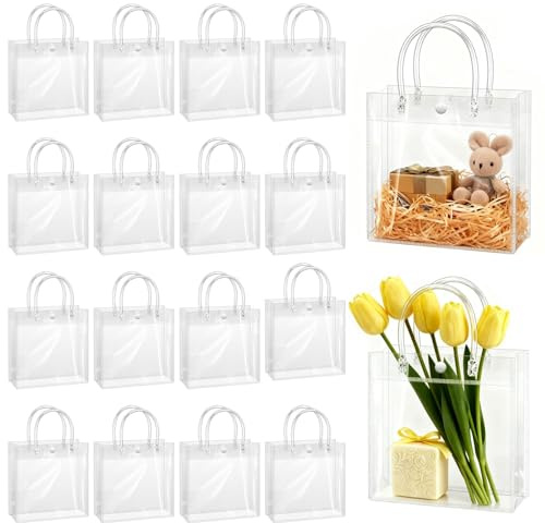BadenBach 16 Stück transparente Kunststoff-Geschenktüten mit Griff, wiederverwendbar, transparent, PVC-Kunststoff, Geschenkverpackung, Tragetasche für Einkaufen, Party, Gastgeschenk (22x22x8 cm)