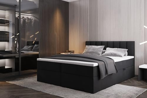 TRADA Boxspringbett mit Bonellmatratze H3 Palermo, 160x200 cm, Schwarz | Elegant Bett mit Matratze, Bettkasten und Topper