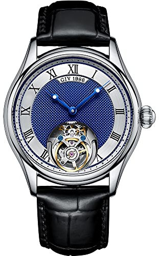 GIV Tourbillon Herrenuhren Mechanische Armbanduhren Luxus Skeleton Handaufzug Analoge Armbanduhren Saphirglas Wasserdichtes Kleid Elegante Uhr mit echtem Lederarmband (Silber und Blau T09)