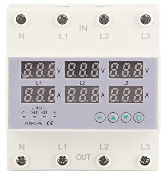 3 Phase DIN Rail Voltmeter Power Meter, AC 390‑500V Digital Ammeter Automatic Overvoltage Overcurrent Protector, 3 Phase Watt Kwh Amp Electricity Tester (63A)