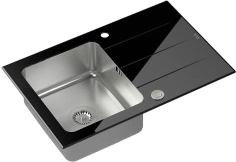 QUADRON Evier noir | Taille 78 x 50 x 19 cm | Evier inox FORD 111 Evier cuisine 1 bac avec chambre en acier | Glass & inox | avec siphon et bouchon à visser | avec égouttoir