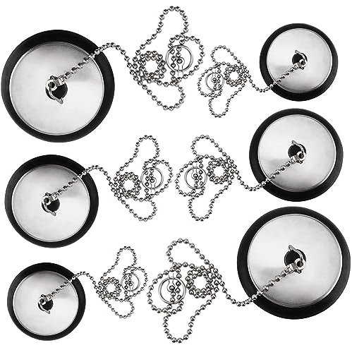 HEIHAK 6 Pcs Black Bath Plug, Universal Sink Plug with Metal Ball Chain, Rubber Drain Stopper replacement for Kitchen, Bathroom Bathtub, Laundry 40mm / 43mm / 50mm Drain