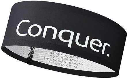 Conquer. Sportstirnband für Damen & Herren | Schweißband Kopf dünn, Winddicht, elastisch & eng anliegend | Laufstirnband, ultraleichtes Haarband (Kleines Logo)