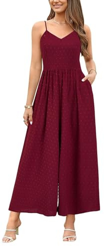 LAISHEN Jumpsuit for Women UK Playsuits Wide Leg Dressy Pants Overall Ladies Summer Casual Dungarees Romper with Pockets (Wine, M)