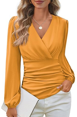 Grace Karin 2024 - Top da Donna, Blusa Elegante Avvolgente con Scollo a V, Camicetta da Lavoro Autunnale, Manica Lunga, Casual, con Ruche, Giallo Senape, XX-Large