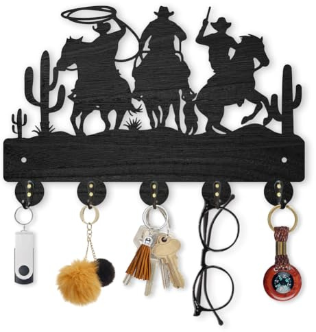 MAYJOYDIY Holz Cowboy-Pferd Kaktus-Motiv Kleiderhaken Wandhalterung 30x20cm Wüsten Wanddekoration Schwarzer Western Cowboy Schlüsselhalter 5 Haken Aus Legierung Für Küche Eingangsbereich Geschenke