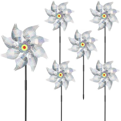 ERBO 6 Stücke Vogelabwehr Windrad, Reflektierende Windräder, Taubenabwehr Balkon, Windrad Garten, Vogelschreck Vogelabwehr für Balkon, Garten, Obstgarten, Hof, Dach (Silber, ø 24cm)