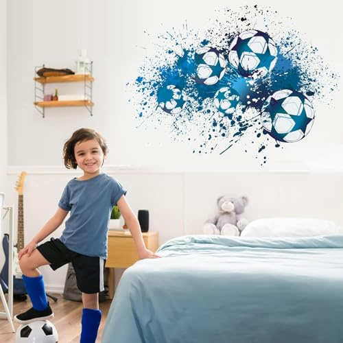 TOARTi Football Wall Stickers,Blue Football Stickers for Kids,3D Wall Stickers for Boys,Soccer Vinyl Wall Art Decal for Teenagers Boys 3D Bedroom Accessories