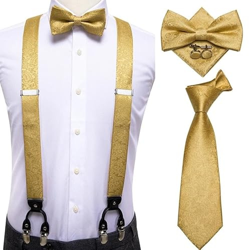 Lay U Home 100% Seta Uomo Adulto la Bretella Set in Pelle 6 Clip Bretelle Moda Vintage in Oro Floreali Matrimonio Bretelle e Papillon Set