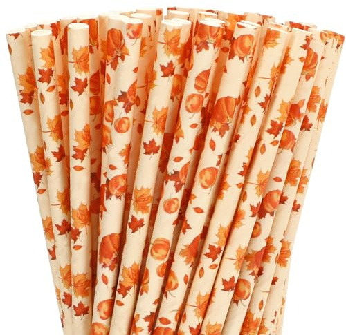 Whaline 200Pcs Fall Paper Straws Watercolor Pumpkin Maple Leaf Disposable Straws Orange Yellow Decorative Drinking Straws for Autumn Harvest Thanksgiving Party Decorations