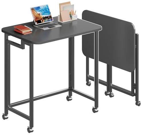 4NM 23.6 Mobile Small Rolling Computer Desk, Folding Laptop Cart Table with Wheels, Portable Office Desk for Small Space Couch Bed - All Black