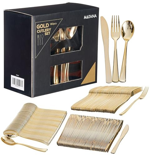 MATANA 360 Elegantes Wiederverwendbares Goldenes Plastikbesteck Set – 120 Messer, 120 Gabeln, 120 Löffel – Mehrweg & Stabiles Besteck für Hochzeiten, Geburtstage, Partys & Veranstaltungen