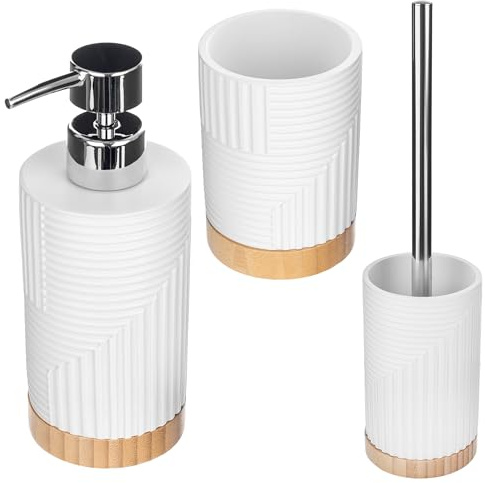 KADAX 3er Set für Badezimmer, Zahnputzbecher & Spülmittelspender & Klobürste, Dekorativer Zahnbürstenbecher, Moderner Seifenspender, WC Garnitur (Rund Weiß)