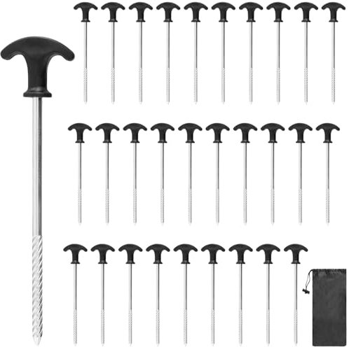 KOHAND 30 Pack Heavy Duty Tent Pegs, 21 CM Spiral Thread Ground Tent Peg Heavy Duty Tent Pegs With a T-handle for Camping Tents Gazebos Awnings