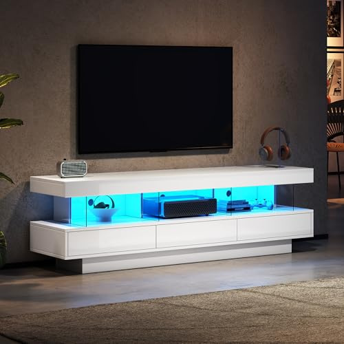 Merax TV Stand Cabinet High Gloss TV Stand Unit with LED Lights, 160CM, 3 Drawers, 3 Open Storage Spaces, Bluetooth-Controlled LED, for Bedroom & Living Room