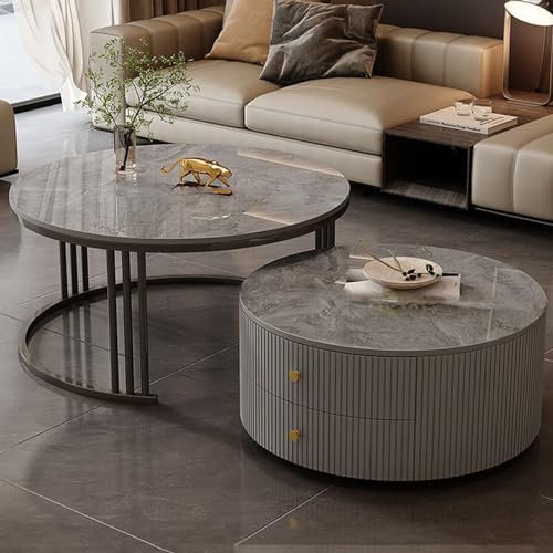Moderne, runde Couchtische, 2er-Set, mit großem Stauraum, einfache Pflege, für Wohnzimmer, Schlafzimmer, Büro, Balkon und Wohnung, Grau, 60 x 34 cm + 70 x 45 cm