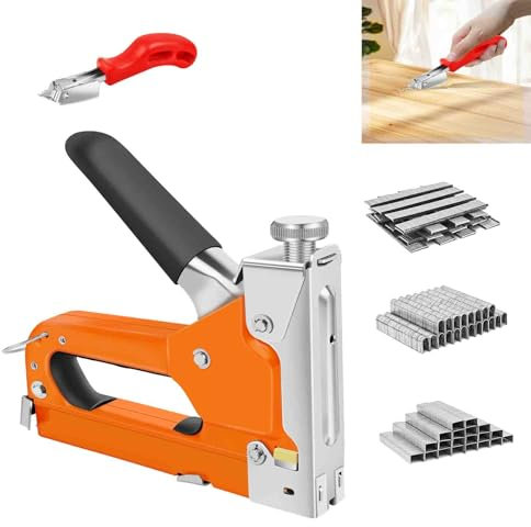 3 in 1 Handtacker Set mit 3000 Klammern (T/U/D Typ), Stabiler Holzlocher mit Klammerentferner, Einstellbare Schussleistung, zum Befestigen von Holz,Zierleisten, Draht etc