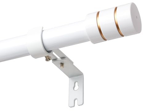 Bastone per tende allungabile bianco, 25 mm, adatto per tende ad alta resistenza, asta per tende da 66-222 cm, con staffe regolabili e tappi terminali bianchi e oro, per soggiorno, balcone, cucina