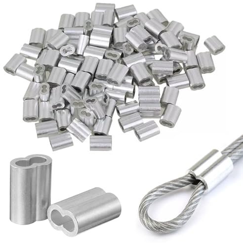 Forbabe 100 Pezzi Manicotti in Alluminio 4mm, Ghiere in Alluminio, Morsetto a Doppio Foro Alluminio per Corda, Morsetti per Funi in Alluminio(4mm)