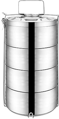 PRETYZOOM Boîte à Lunch Isotherme en Acier Inoxydable à 4 Niveaux, Boîte à Déjeuner Portable et Empilable, pour Usage Scolaire et Professionnel, Récipient Alimentaire Solide Argenté