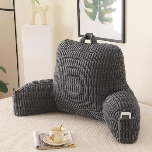 PAJEO Reading Pillow for Bed,Large Backrest Reading Pillow with Arm Rest,Back Rest Support Cushion for Sit Up on Couch,Sofa,and Floor(Grey Corduroy,Standard(17))