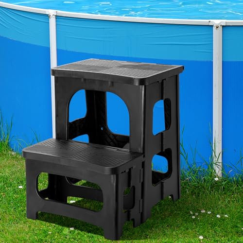 DECOHS Foldable Spa Hot Tub Non-Slip 2-Step Stool Pool Ladder, Universal Stairs for Outdoor Indoor Deck Patio Accessories, Black